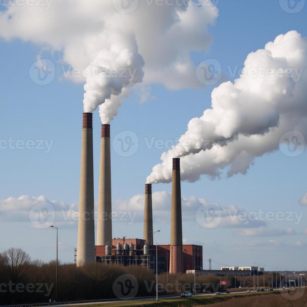 Emission of CO2 from coalfired power plants into the atmosphere showcasing air pollution caused by smokestacks and their environmental impact on ecology photo