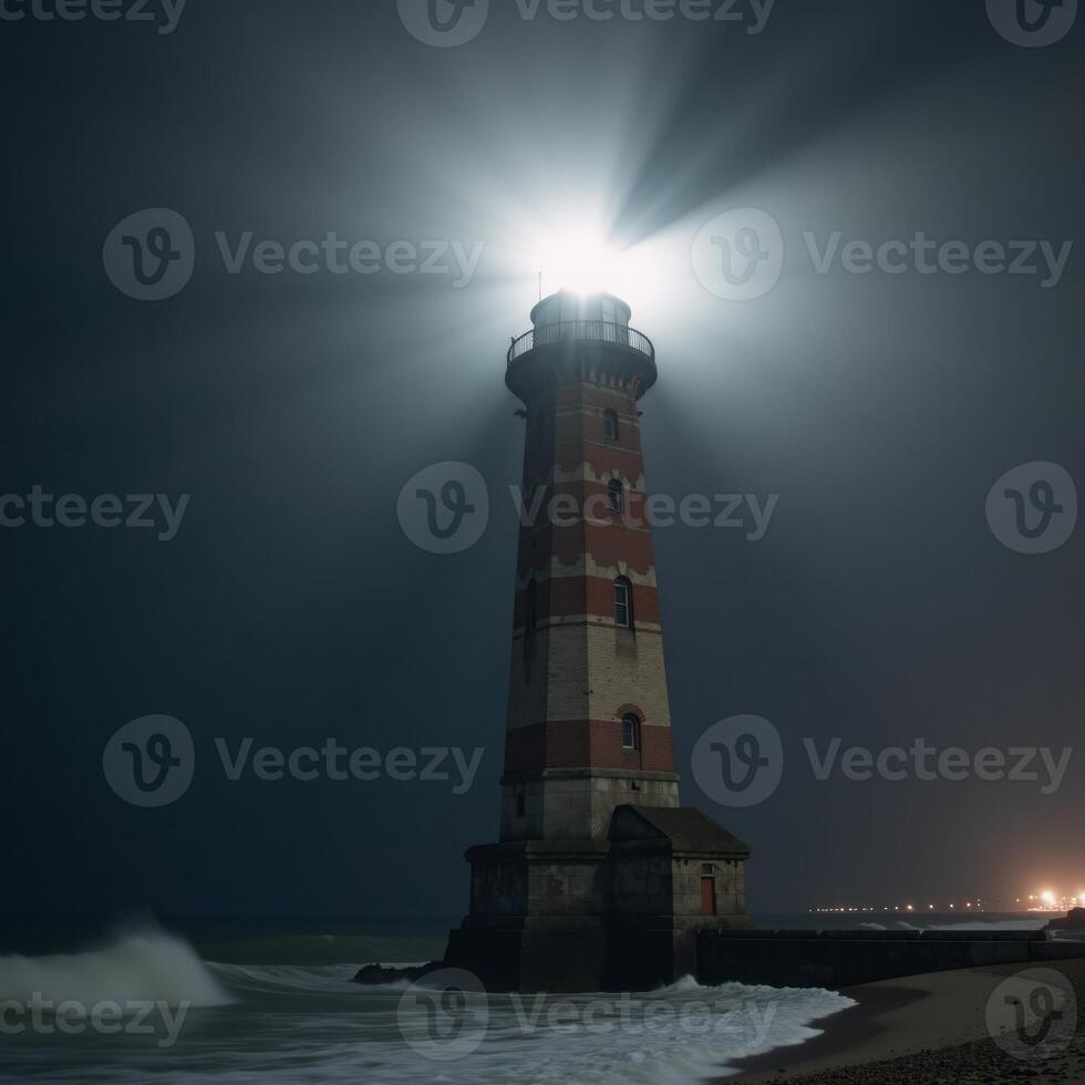 A lighthouse shines amidst foggy surrounds photo
