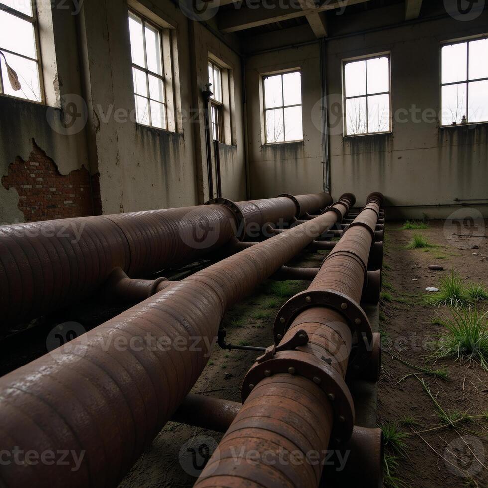 Abandoned industrial scene featuring old rusty pipes symbolizing environmental pollution photo