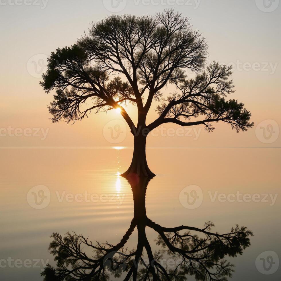 Tree reflection on tranquil waters amidst setting suns backdrop photo