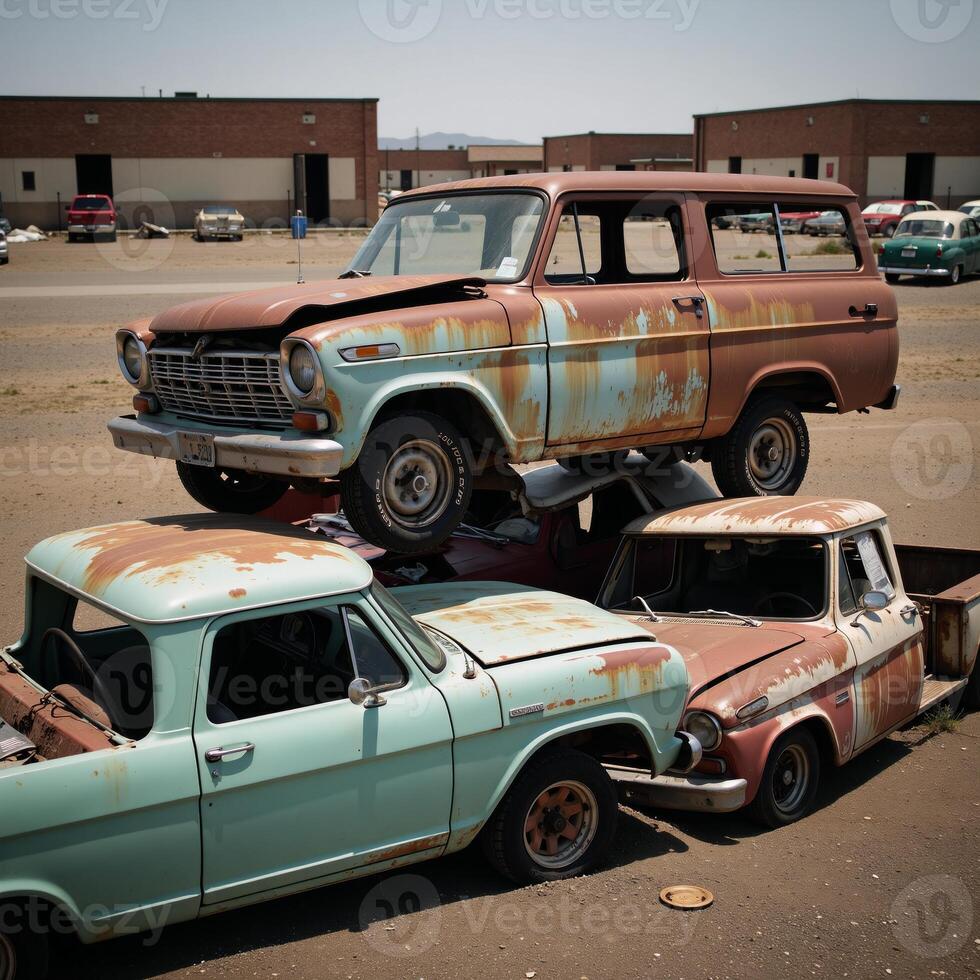 Old rusty vehicles in a derelict junkyard highlighting their state of disrepair and abandonment photo