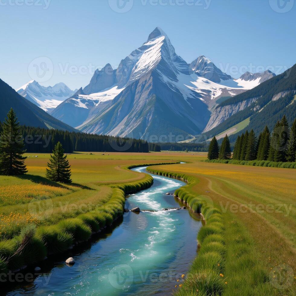 Dronecaptured graphic art illustration showcases an adventurous outdoor nature scene with wild mountain flowing rivers and fields in a captivating adventure travel vibe photo