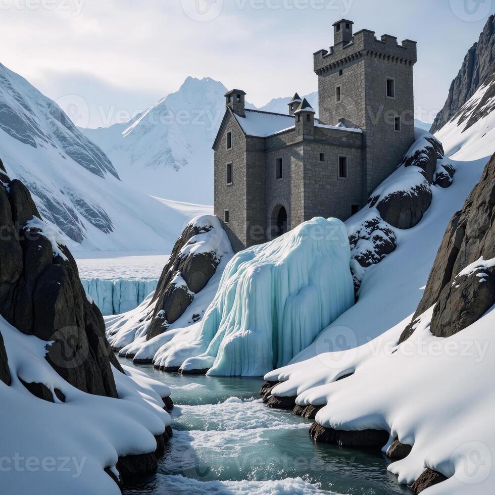 A picturesque castle nestled amidst glaciercovered mountains with a nearby frozen river in the Arctic photo