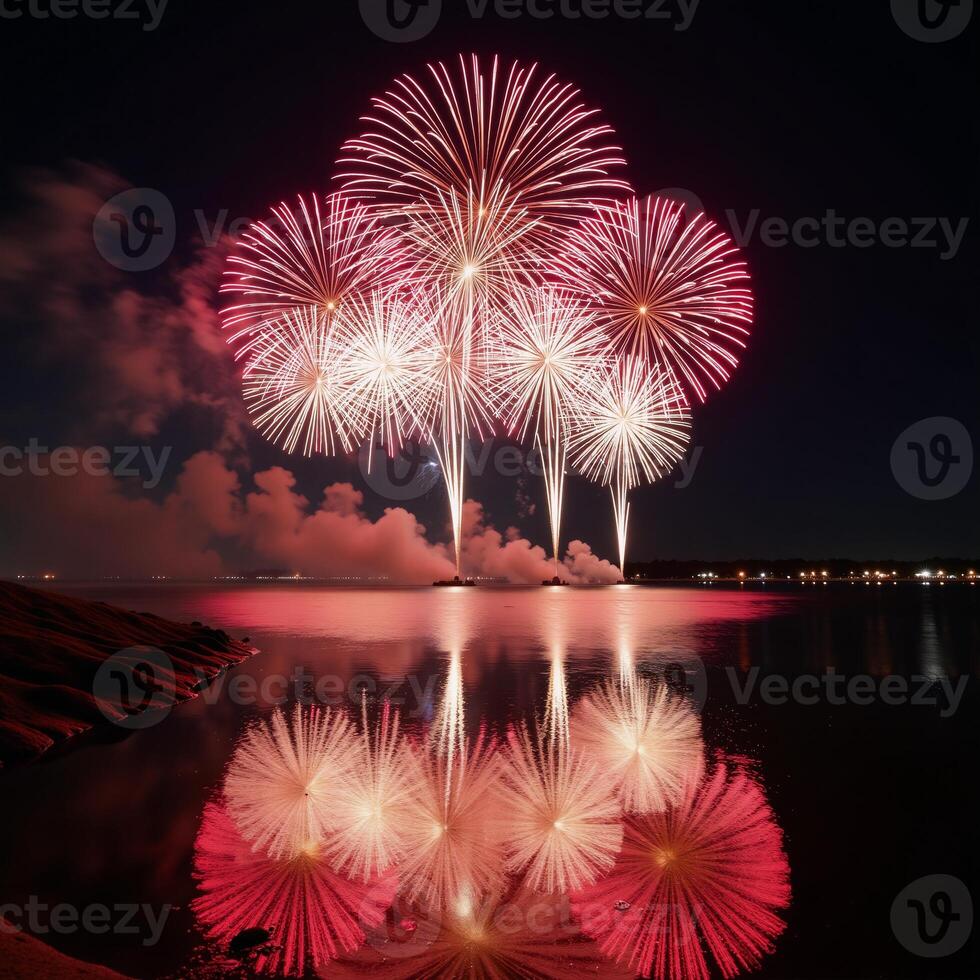 Firework displays over mirrored river surface with reflections photo