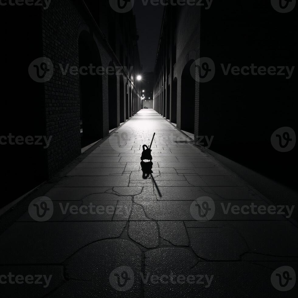 A darkened cityscape scene with an abstracted dark blue asphalt backdrop on a dimly lit street photo