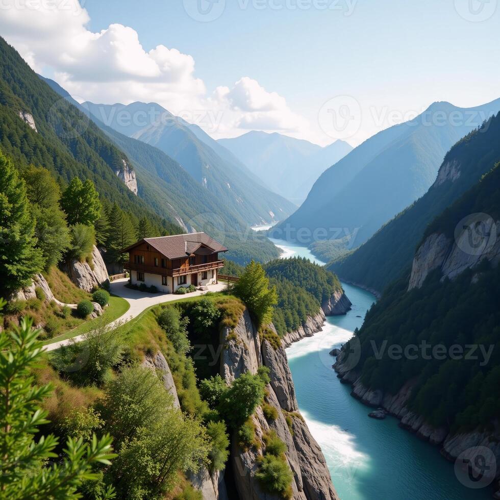 Homestay logo showcased against white background with serene mountain river landscape setting photo