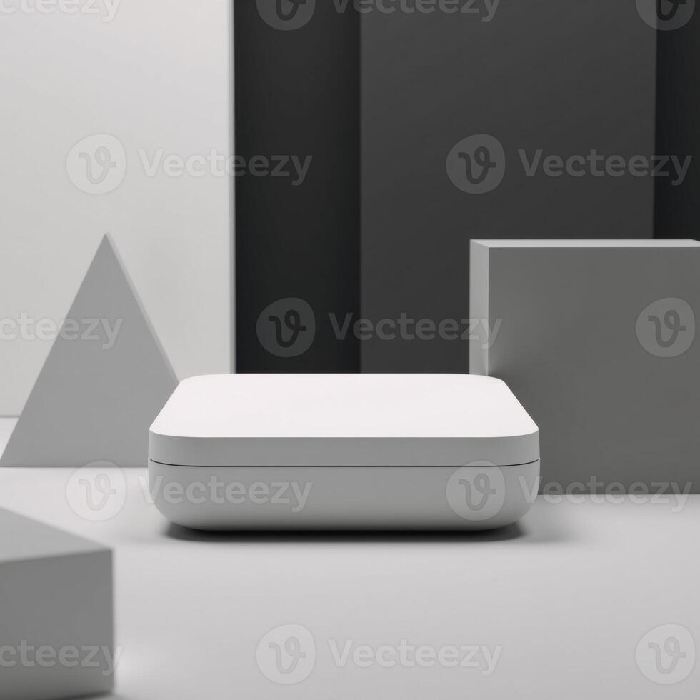 A clean minimalist 3D rendering featuring an intricate booth perspective background photo