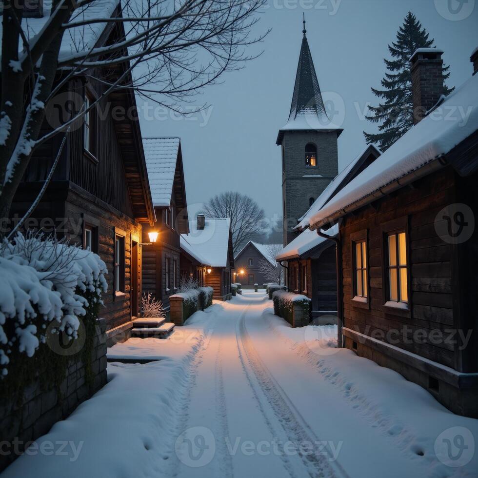 A snowy darkened old village during winter nights photo
