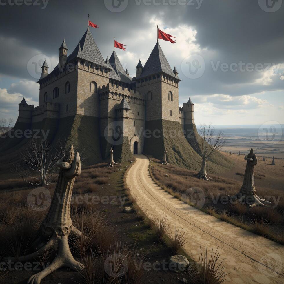 A bleak kingdom depicted in a painting with intricate details and an atmospheric gloom photo