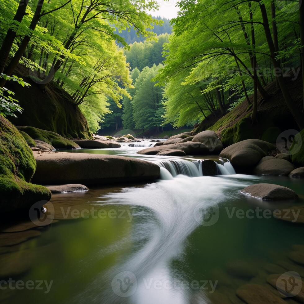 Tranquil river landscape set amidst lush greenery photo