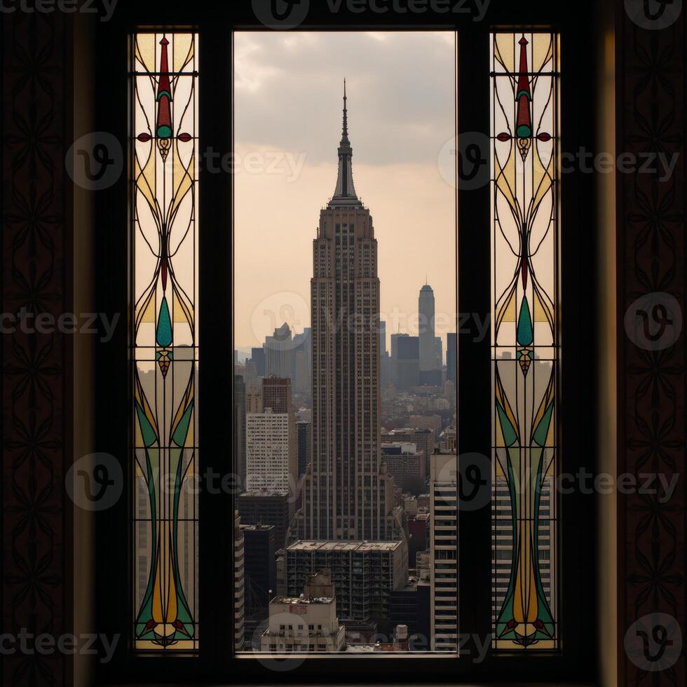 Art Decoinspired image featuring black geometric patterns on stained glass showcasing an iconic halfdrop view of the Empire State Building photo
