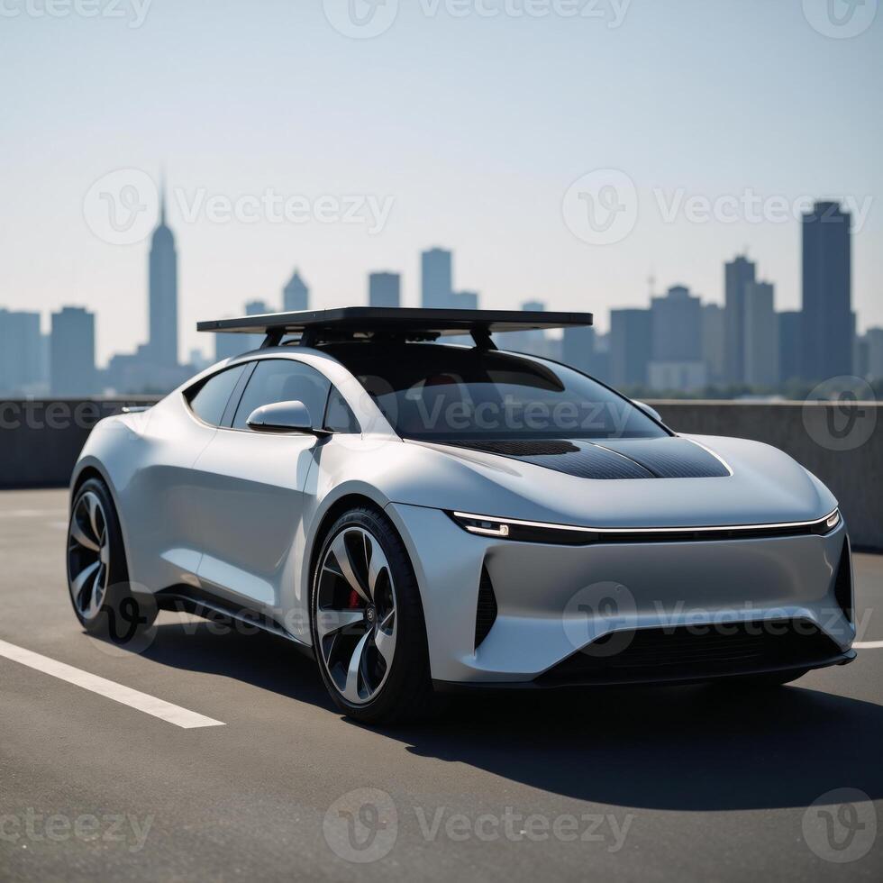 Futuristic illustration showcasing an electric vehicle equipped with solar panels for pollution reduction photo