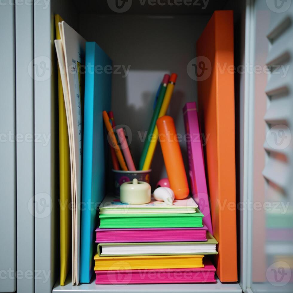 A vibrant display of personal items filling up a standard school locker photo
