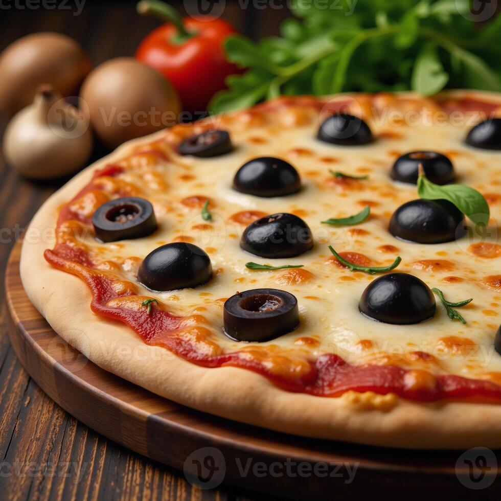 Illustration showcases a delicious pizza with olives mushrooms and veggies along with its recipe photo