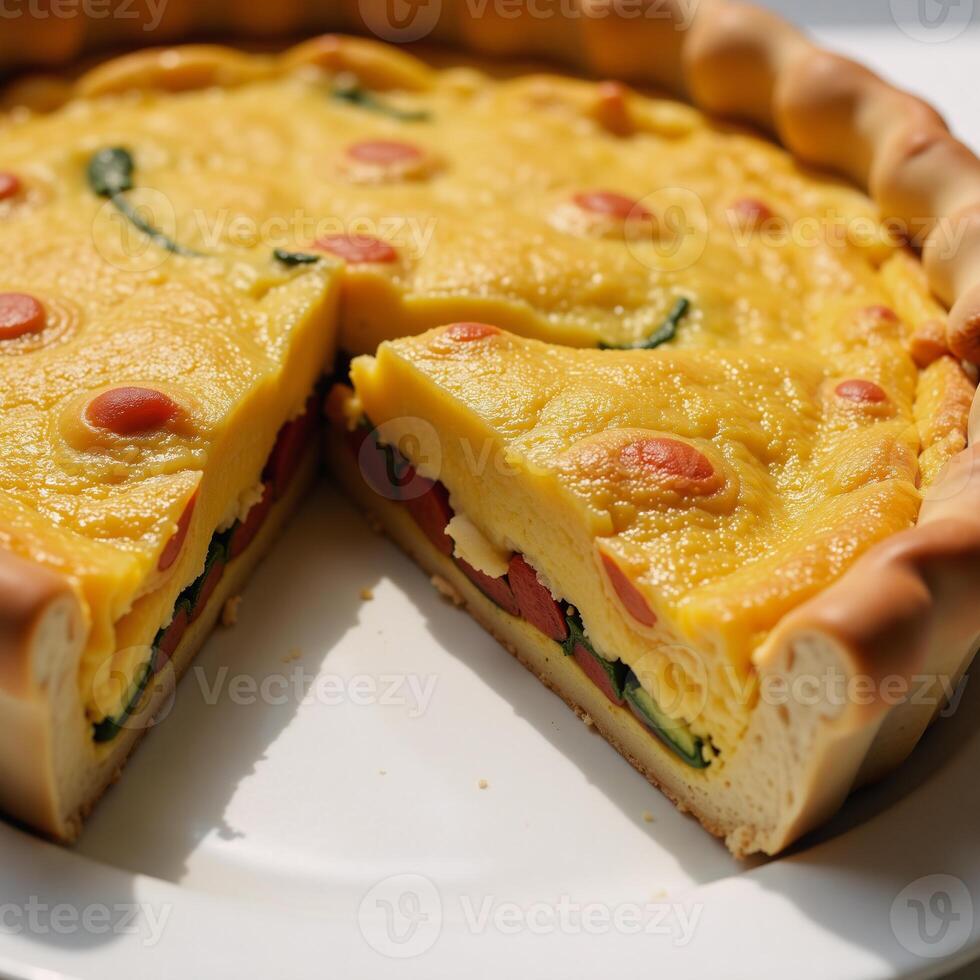 Detailed view of sliced goldencrusted quiche revealing layered filling photo