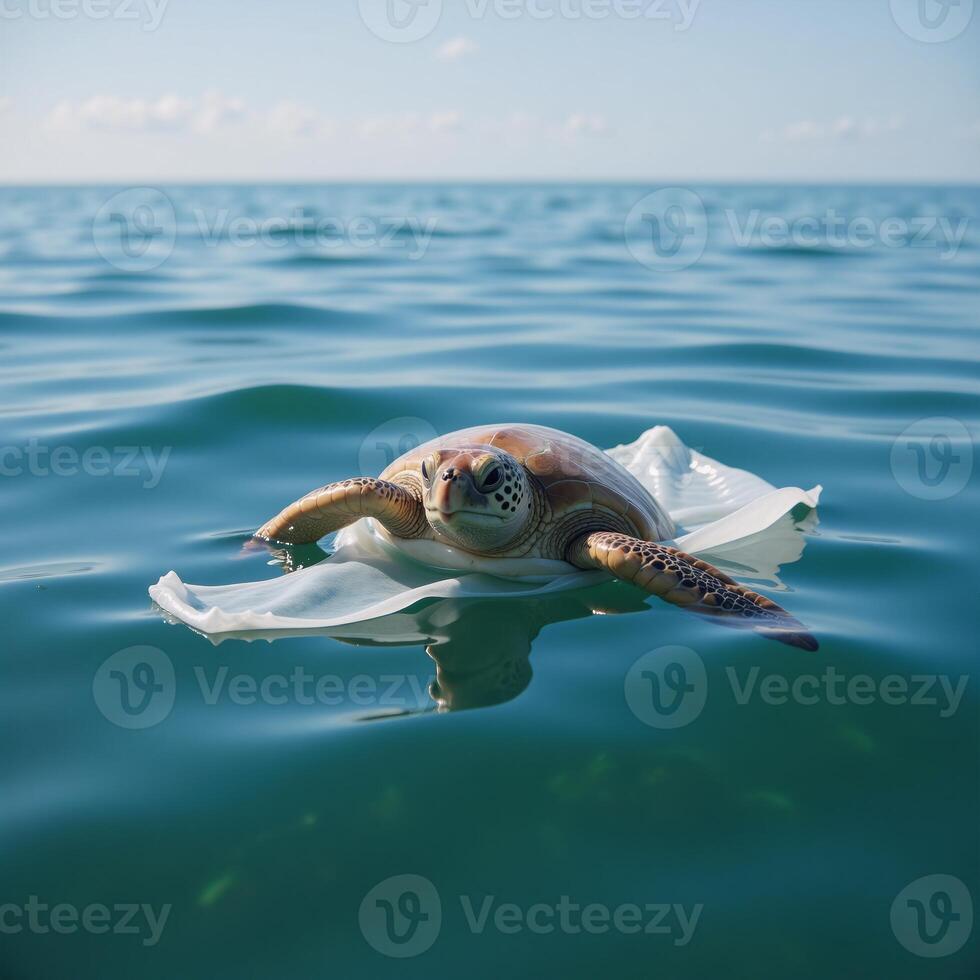 Turtle trapped in plastic waste amidst oceans WODEnvironmental Pollution theme photo