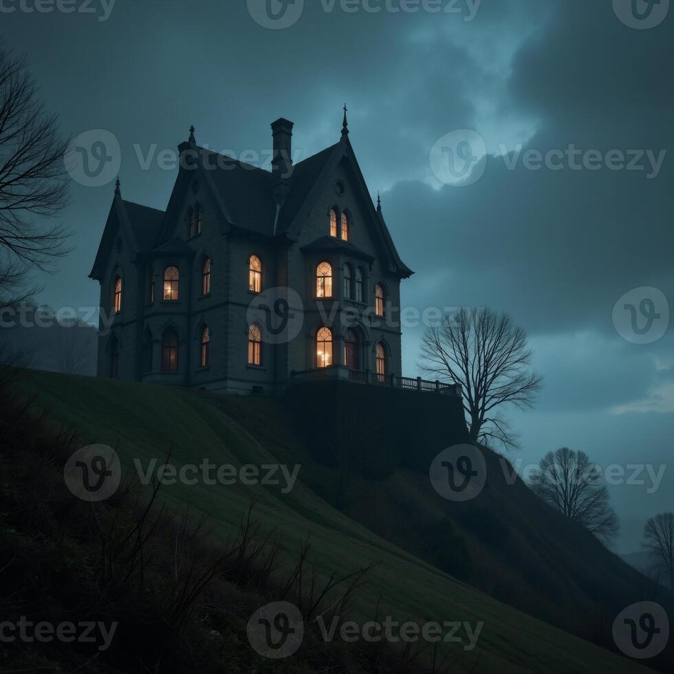 Spinechilling Halloween nightscape featuring an eerie atmosphere with thick rolling fog photo