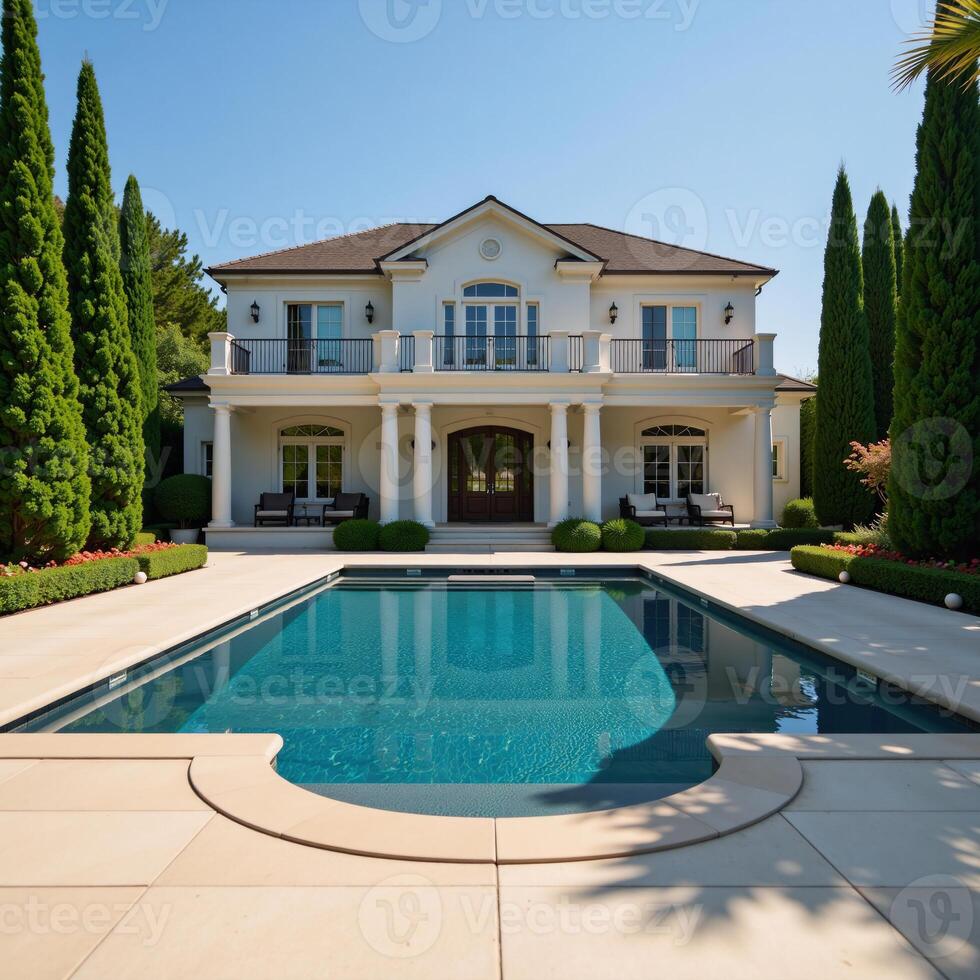 Magnificent twostory residence featuring an elegant swimming pool photo