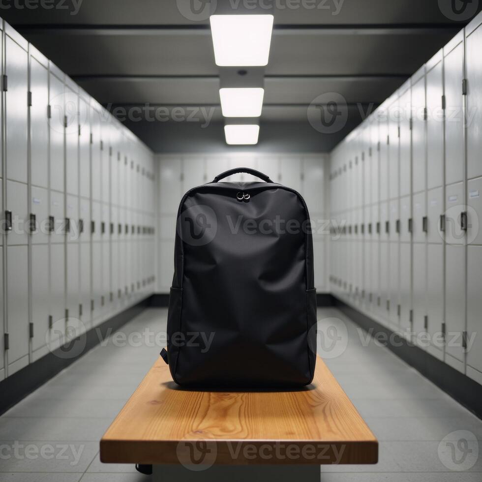 A black backpack sits on a bench amidst lockers in a locker room setting photo