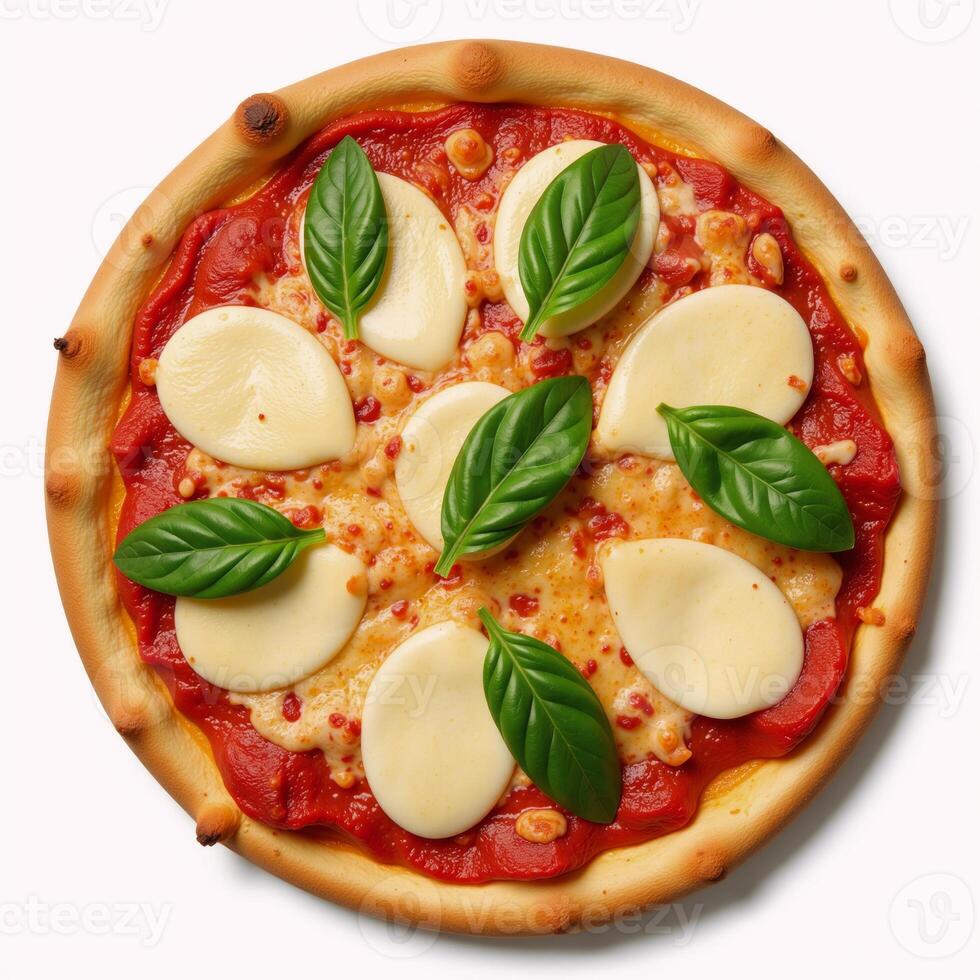 Isolated cheese chorizo pizza with a basil splash on top photo