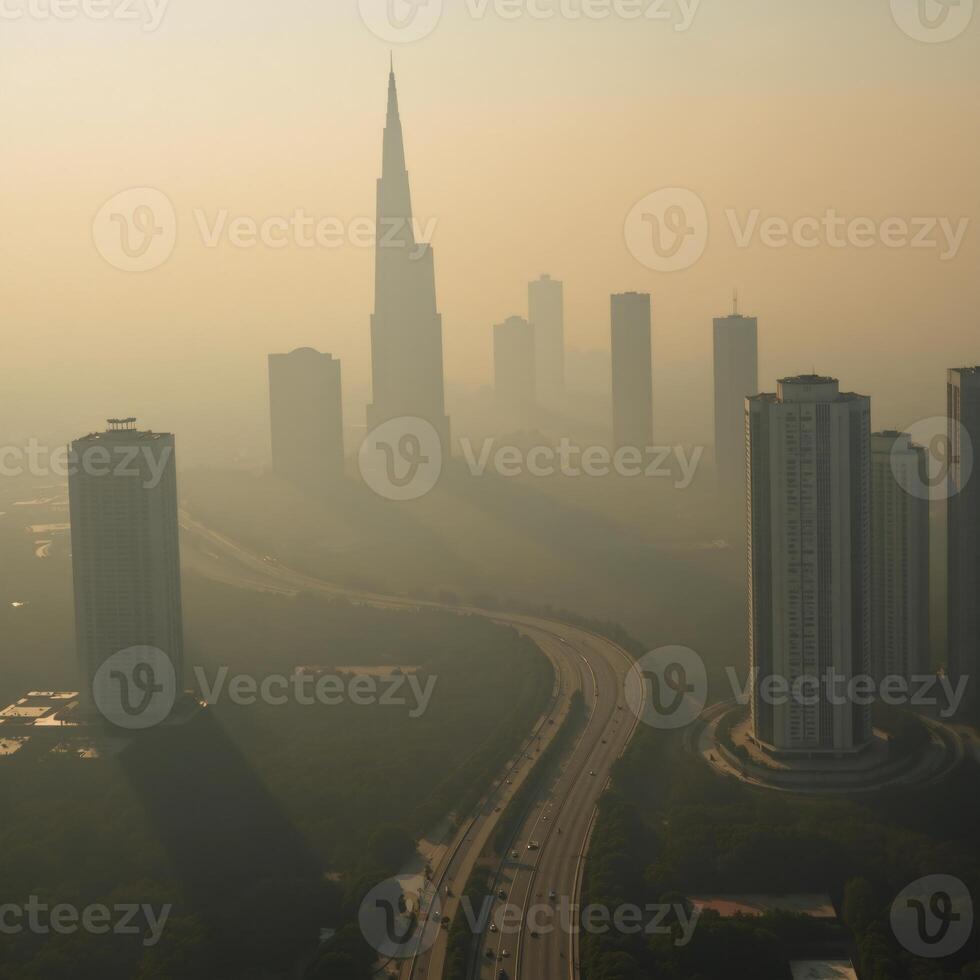 A panoramic aerial view captures the effects of toxic dust on urban landscapes symbolizing climate change air pollution and harm to the respiratory system photo