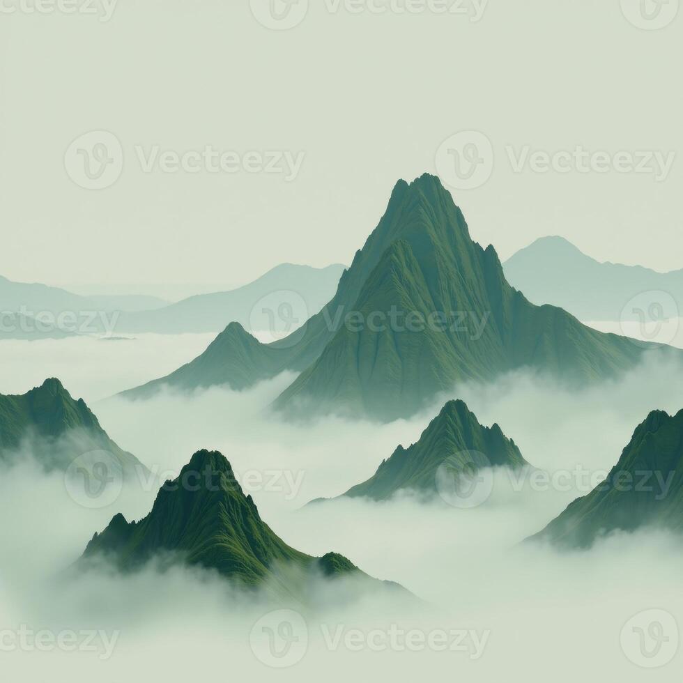 A minimalistic Chinese Brush Painting featuring wet ink renderings of a misty mountain landscape with green and blue hues employing diffused gradients for a traditional feel photo
