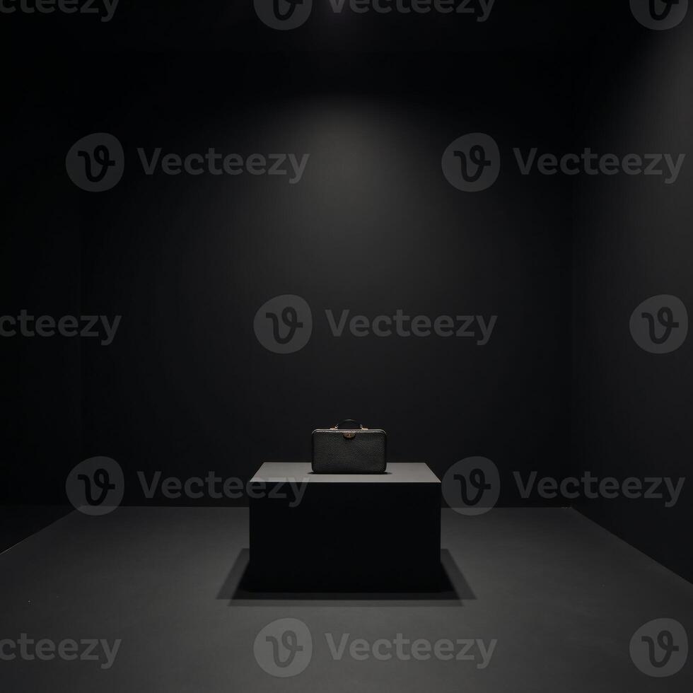 A darkened studio gallery highlights an abstract product showcased within an empty textured room setting photo