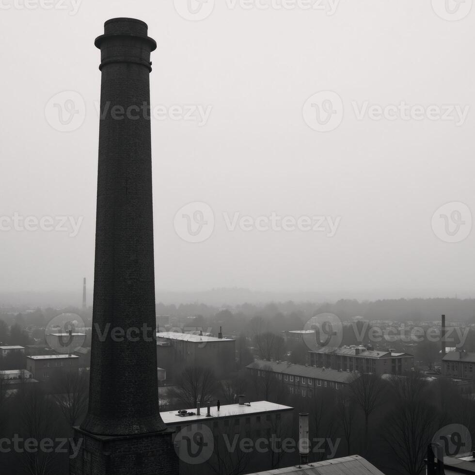 An industrial cityscape from the 19th century features a towering factory chimney amidst dense smoke and fog photo