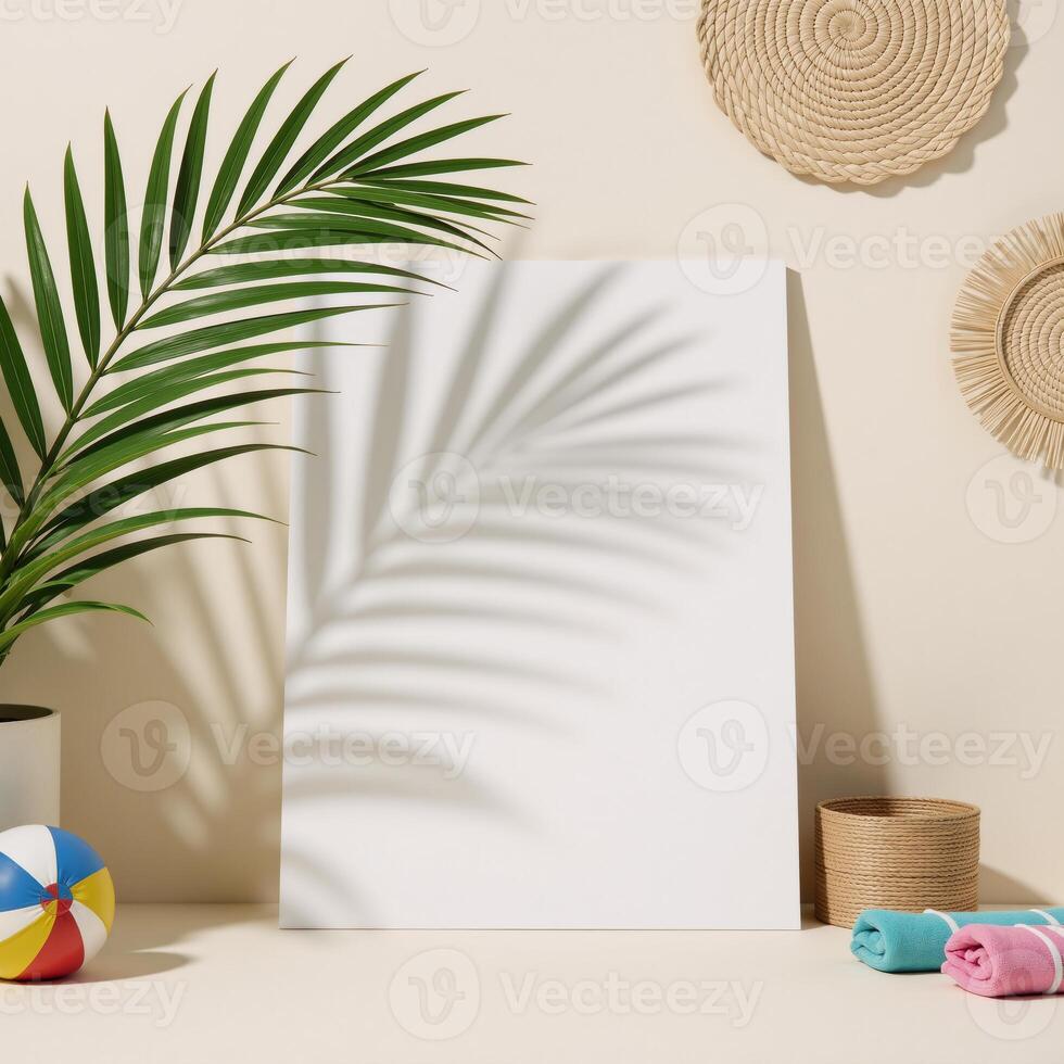 Realistic minimalist mockup showcases natural shadows from tropical coconut palms in a summery setting photo