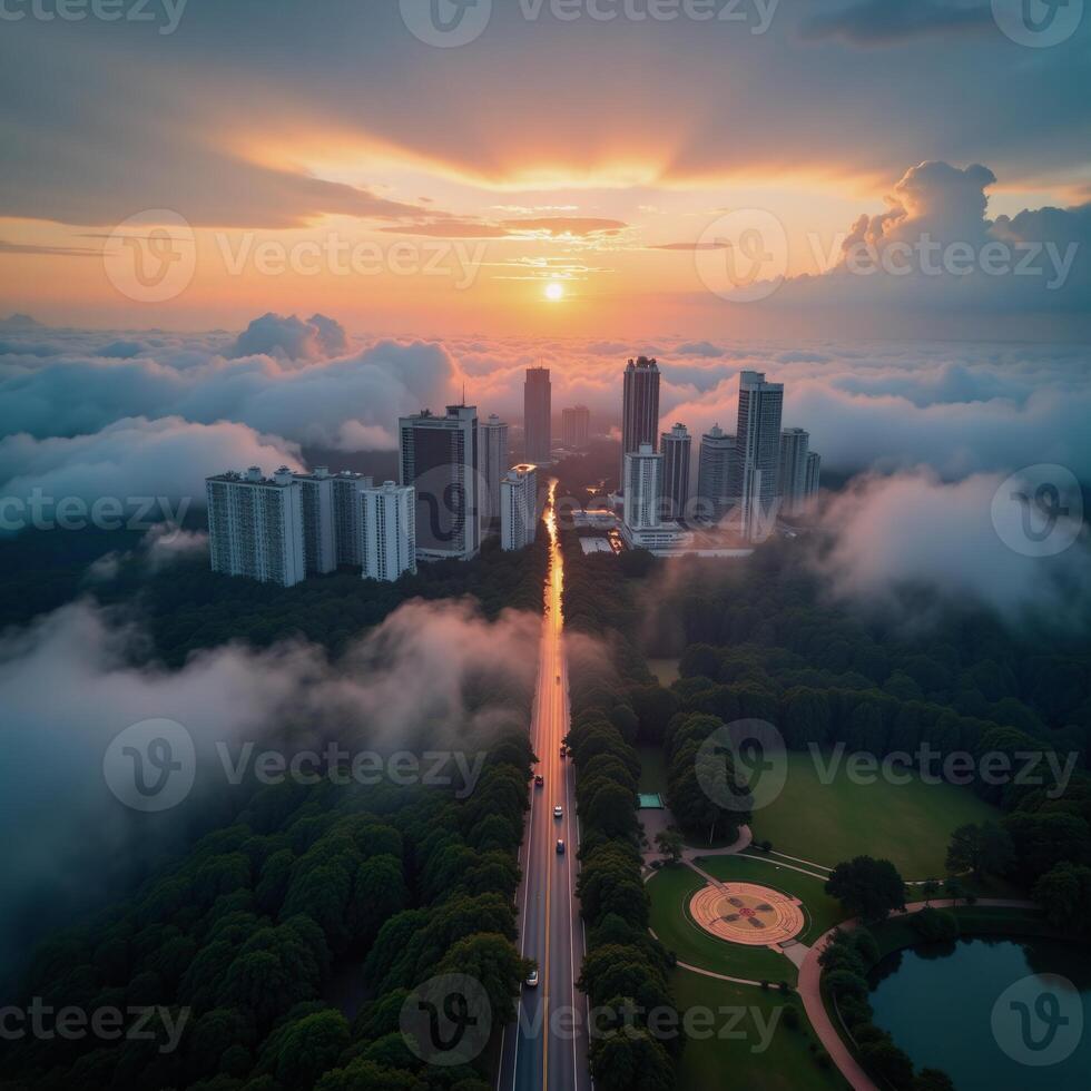 Aerial view of cityscape during twilight showcasing foggy skies with clouds above photo