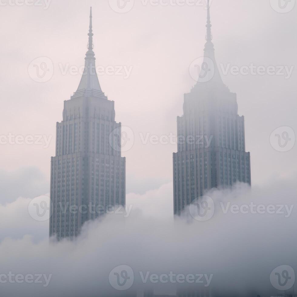 Dreamy morning fog enshrouds a city of towering buildings with delicate soft pastels and contrasts the clean architectural outlines photo