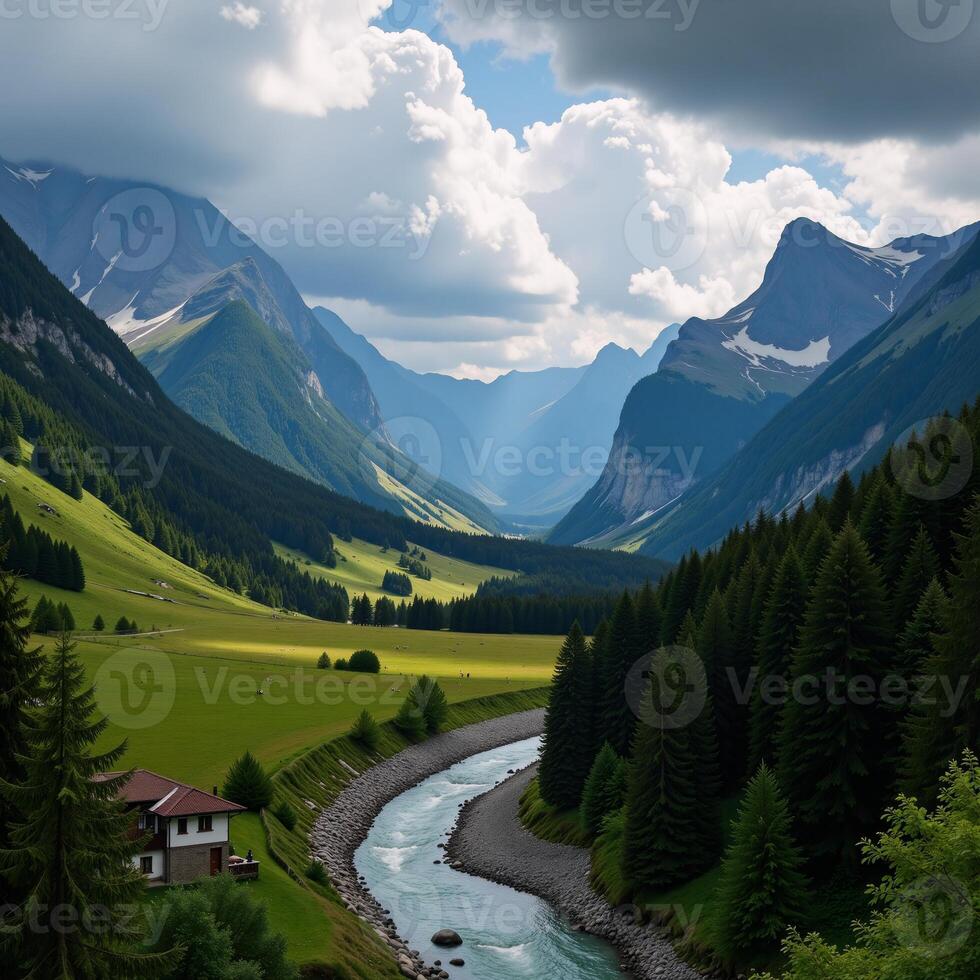 Stunning mountain vista with lush green valleys and a winding river under moody skies photo