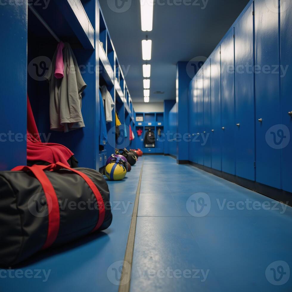 Lowangle shot reveals dynamic ambiance with emptied sport equipment in a blue locker room photo
