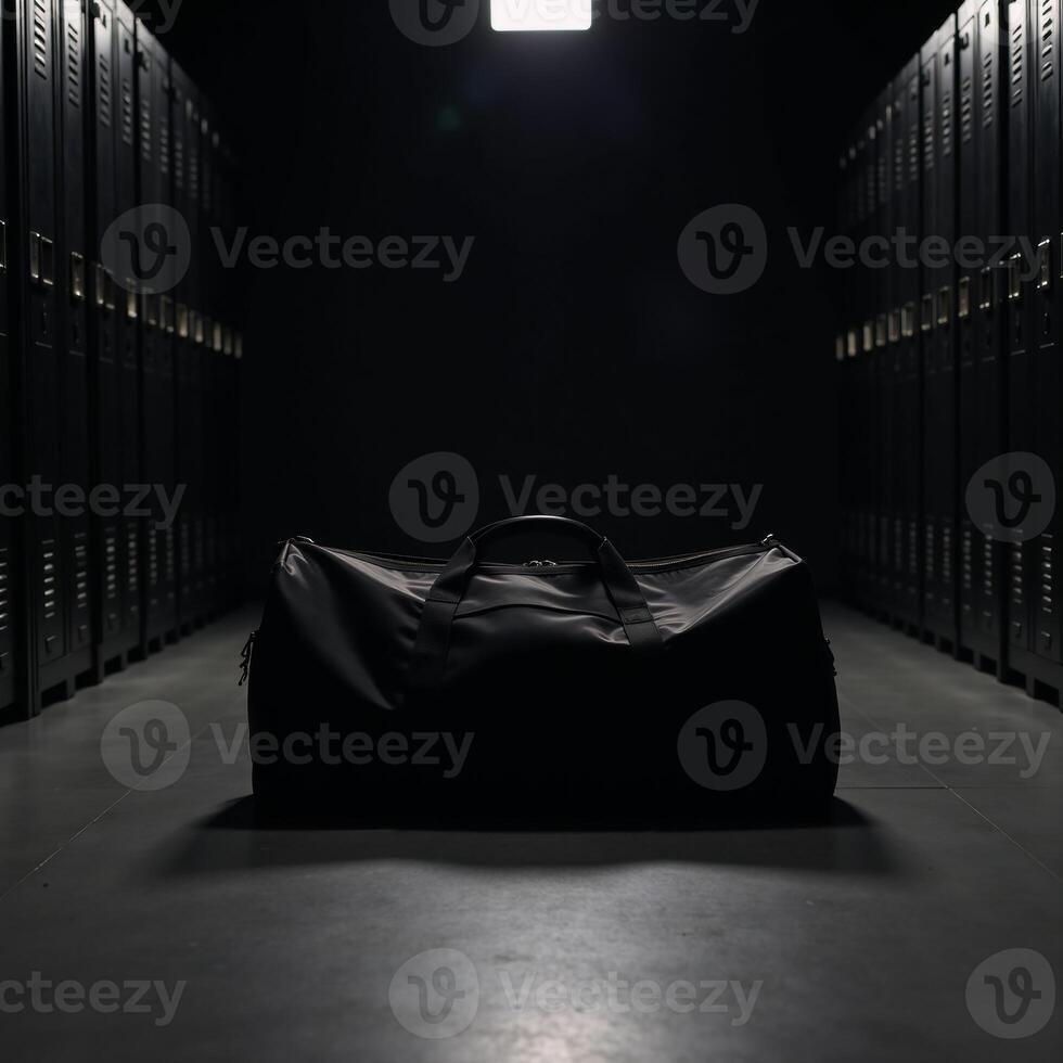 Duffel bag in dimly lit room with lockers photo