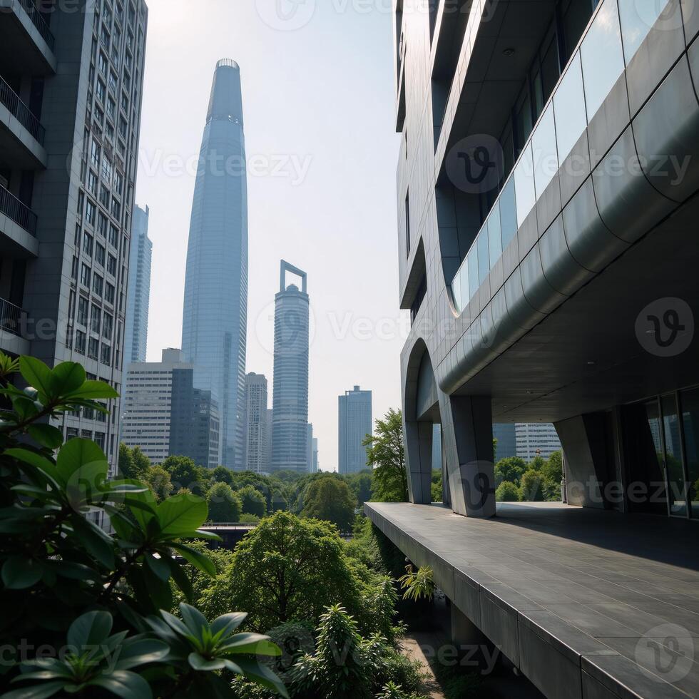 A sleek ecofriendly cityscape blends towering skyscrapers with verdant greenery embodying sustainability in urban design photo