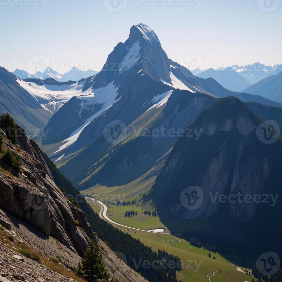 Mountains as the backdrop for a digital illustration in an impressionist style with vivid colors and dramatic peaks photo