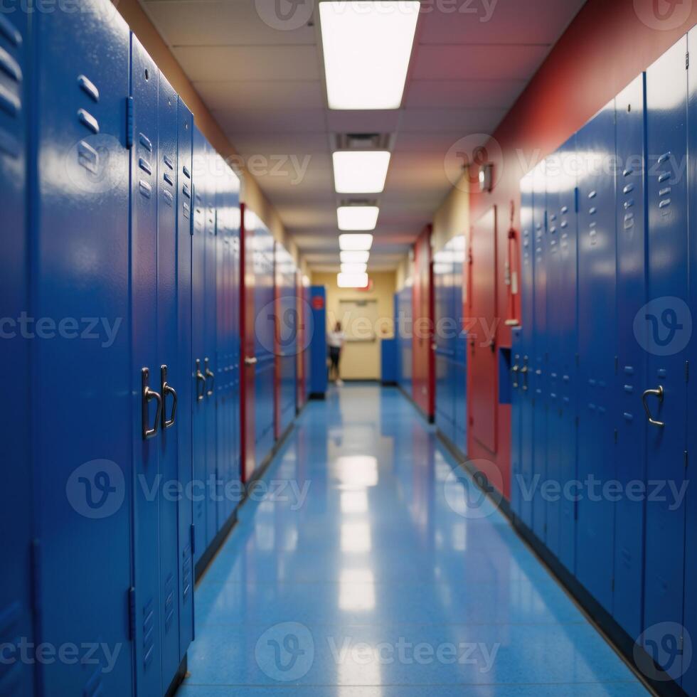 A scene depicts vibrant hallways with blue lockers lining them photo