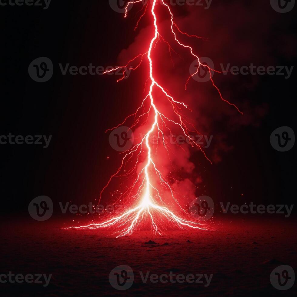 A vibrant red energy bolt releases from a wizards staff during a flashy lightning storm depicted as an electrifying illustration against a dark backdrop photo