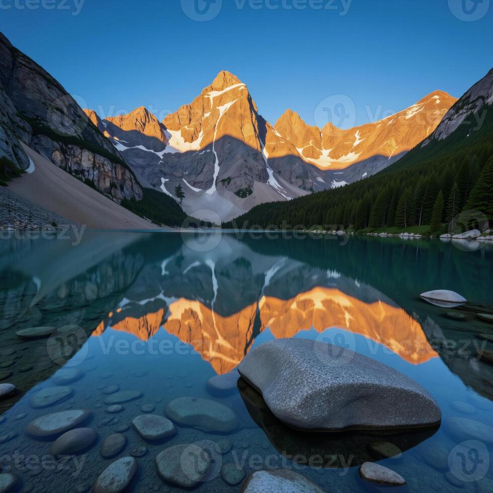 Mountains with glowing peaks reflected on a mountain lake beneath bright blue skies and golden sunlight photo