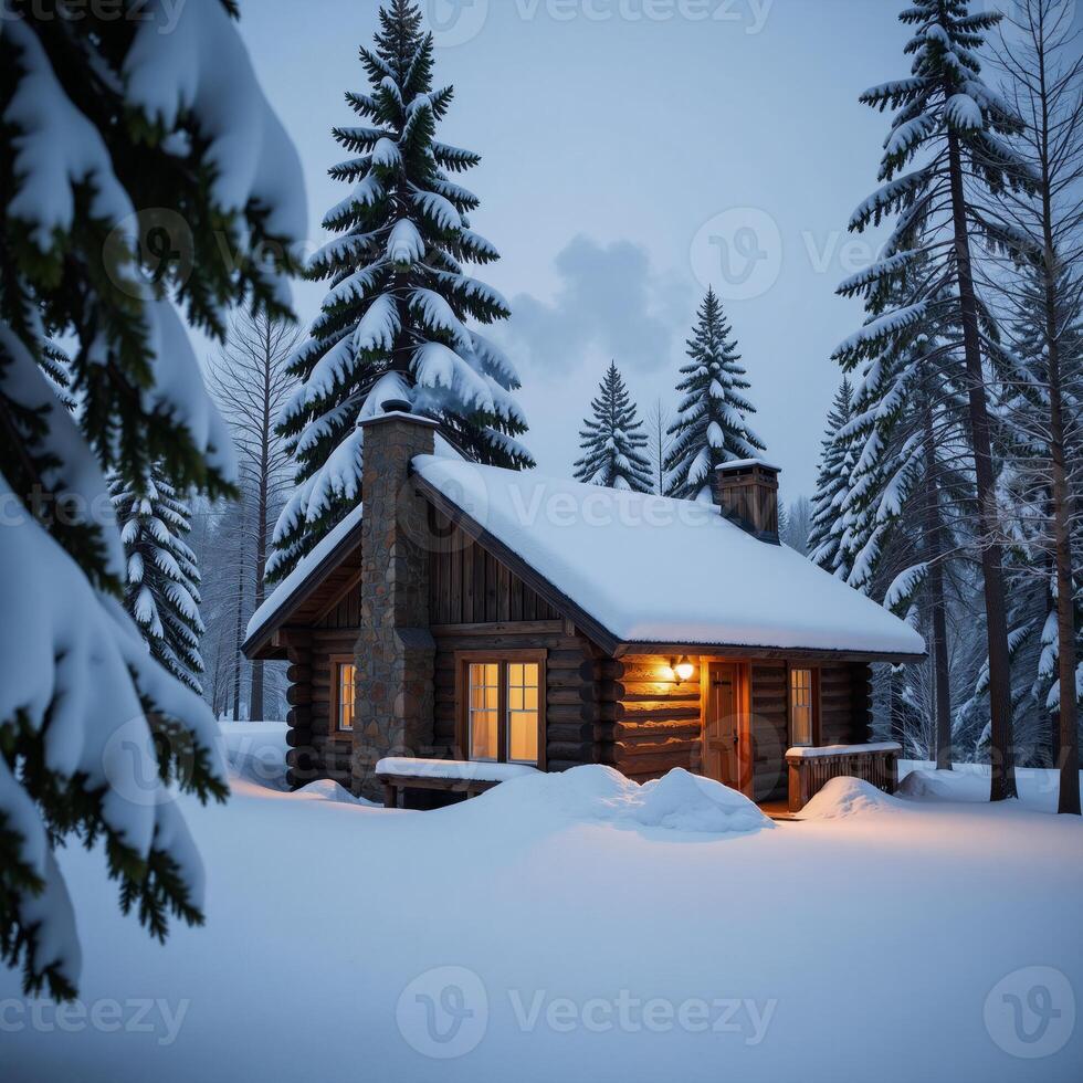 A rustic winter cabin buried under fresh snowfall photo