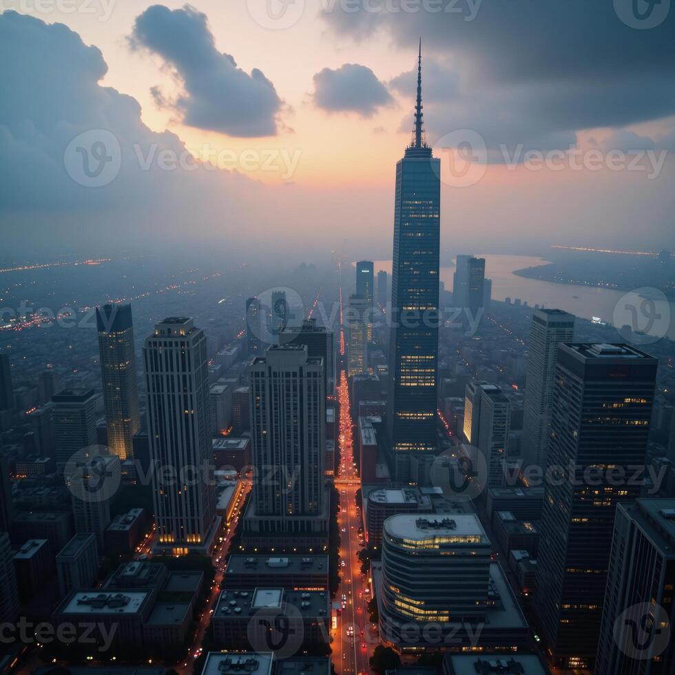 Aeriel shot Futuristic cityscape bathed in sunlight through swirling clouds and fog displaying glowing buildings amidst the misty dawn photo