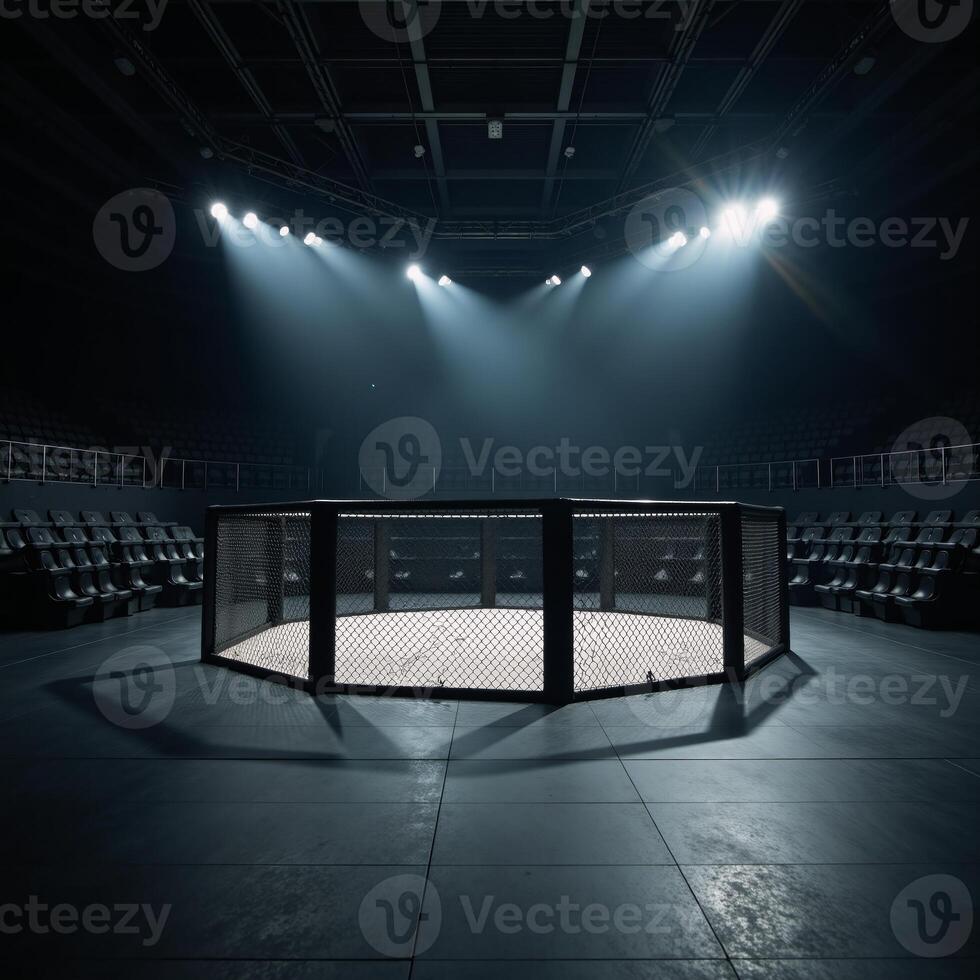 Empty mixed martial arts arena with lights and spotlights for fight scene compositions photo