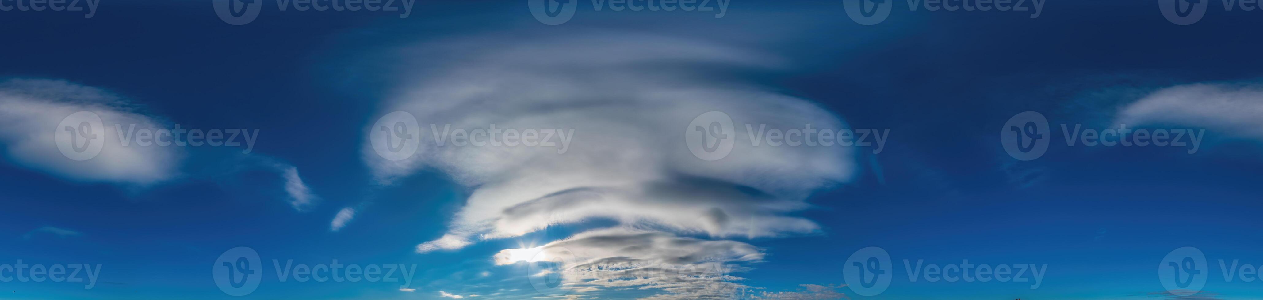 Blue sky with Cirrus clouds Seamless panorama in spherical equirectangular format. Complete zenith for use in 3D graphics, game and for composites in aerial drone 360 degree panoramas as a sky dome photo