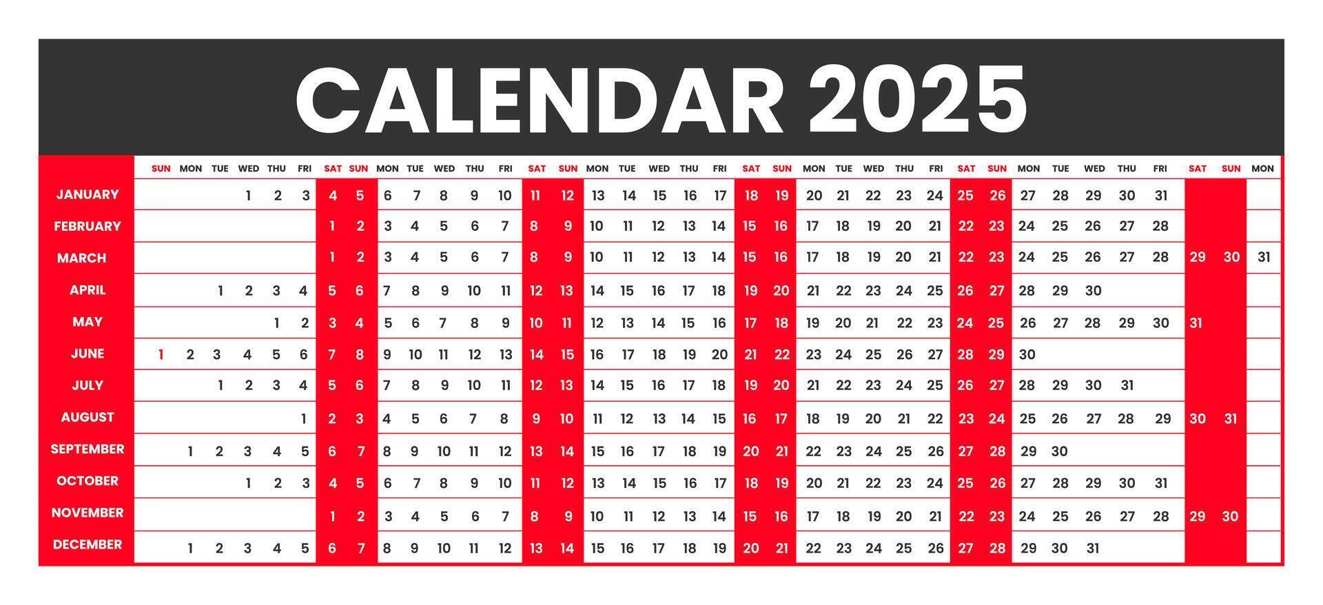 lineal calendario para 2025. horizontal o paisaje orientación cuadrícula 2025 lineal