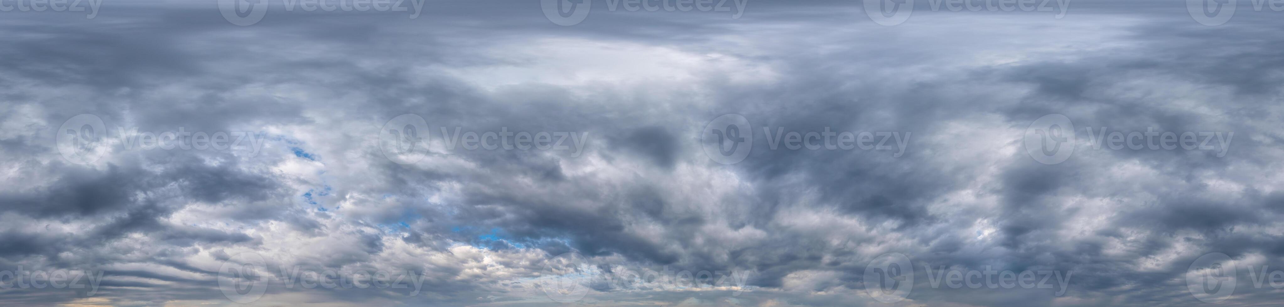 Sky panorama on overcast rainy day with Nimbostratus clouds in seamless spherical equirectangular format. Full zenith for use in 3D graphics and sky replacement in aerial drone 360 degree panoramas photo