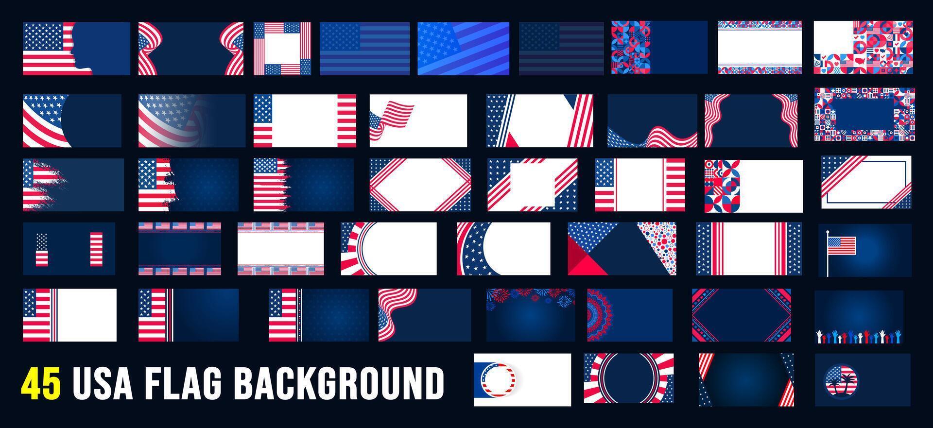45 mega set of modern abstract shape united state of America background design template. USA flag banner bundle. USA flag design bundle with abstract shape. vector
