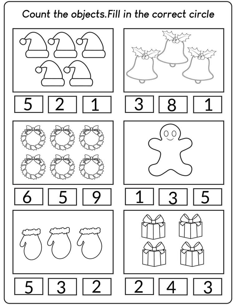 count objects and fill in the correct circle Christmas math worksheet vector
