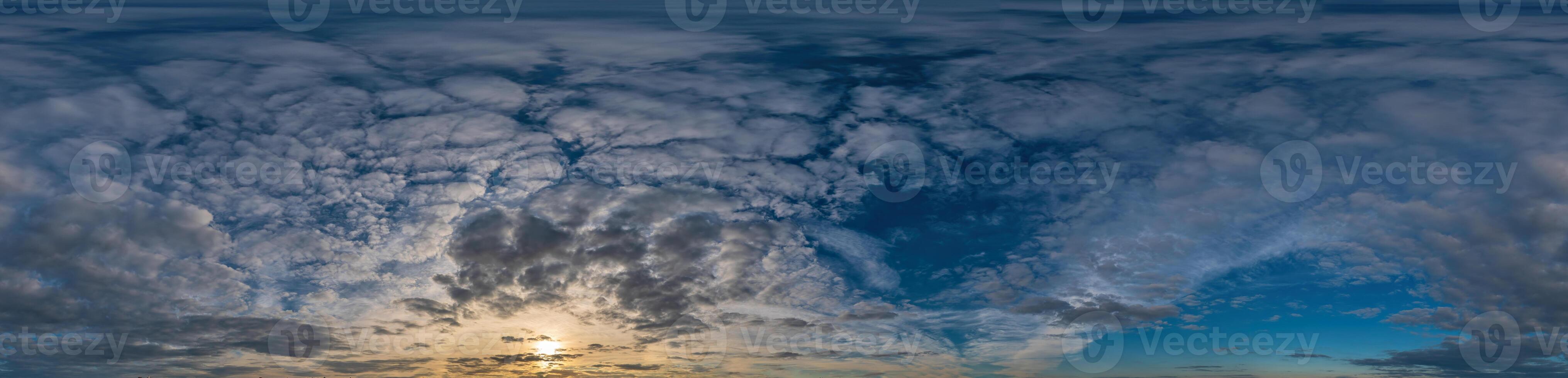 Blue evening sky Seamless spherical equirectangular panorama 360-degree view with beautiful Stratocumulus clouds, setting sun - for use in 3D graphics as a sky dome or post-processing of drone images photo