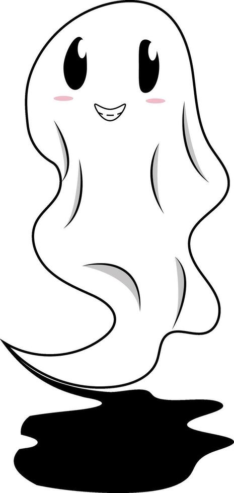 White ghost with black eyes and a smiling expression, accompanied by a dark shadow. Suitable for Halloween themed designs and spooky concepts. vector