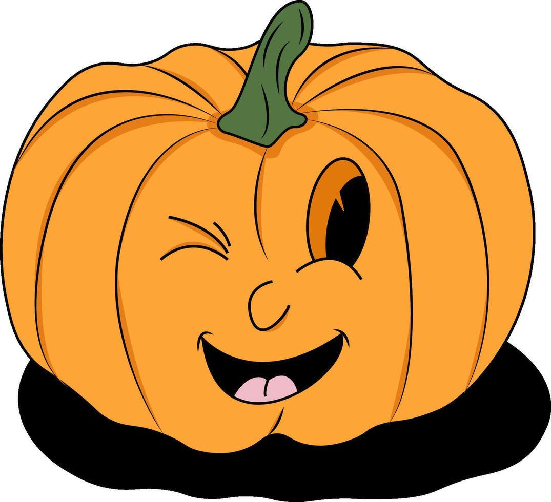 Smiling pumpkin with a winking eye and sticking out tongue. Ideal for Halloween decorations, greeting cards, social media posts, and invitations. vector